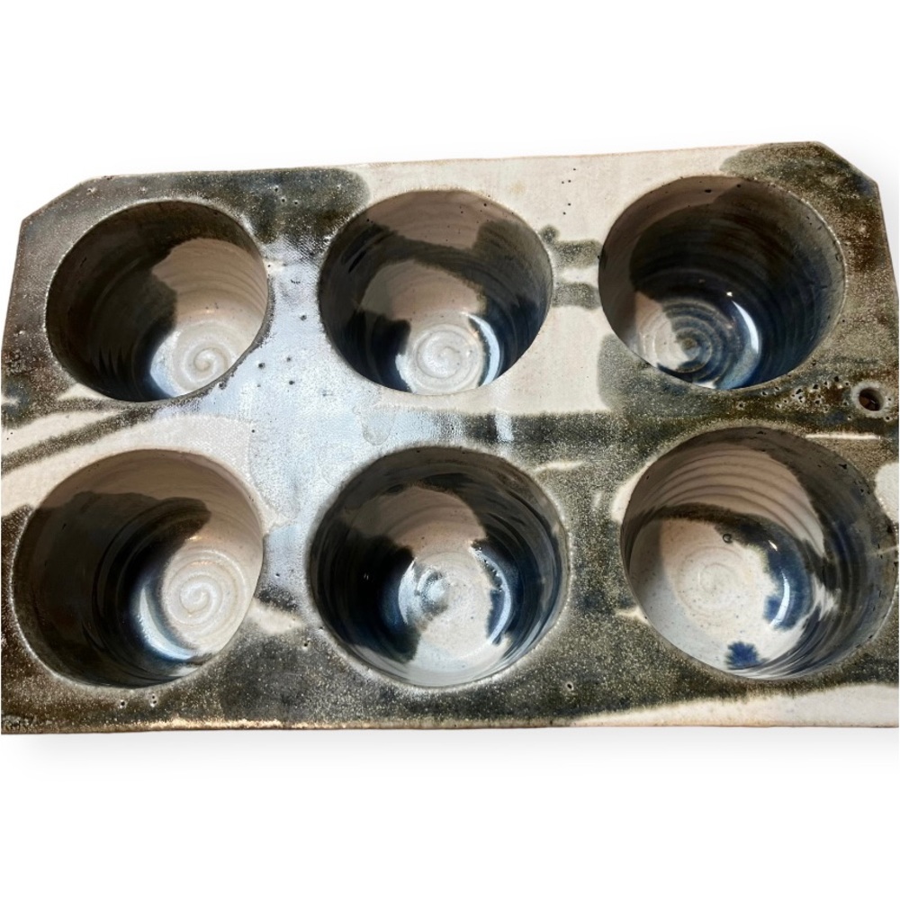 Studio Pottery Muffin Pan 6 Grey White Blue Stamped Stoneware Bakeware